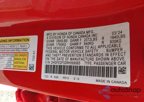 2024 Honda Civic Sport из США, поврежденный, VIN 2HGFE2F52RH569985